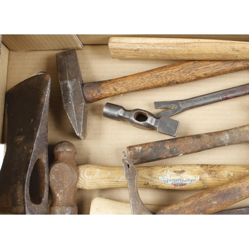 43 - Seven hammers, axe head and billhook G