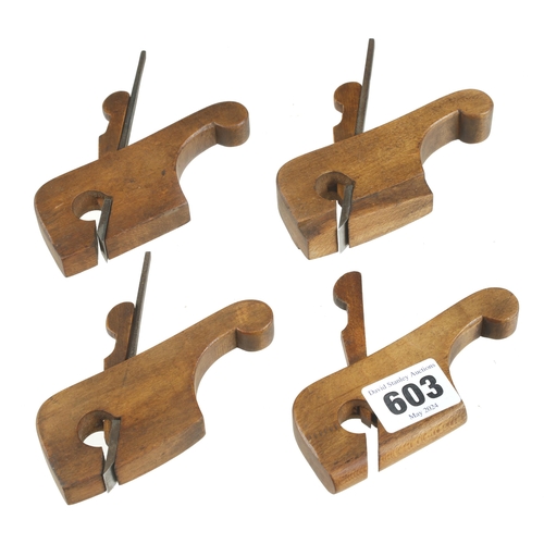 603 - A set of 4 miniature tailed rebate planes (one lacks iron) 2 1/4