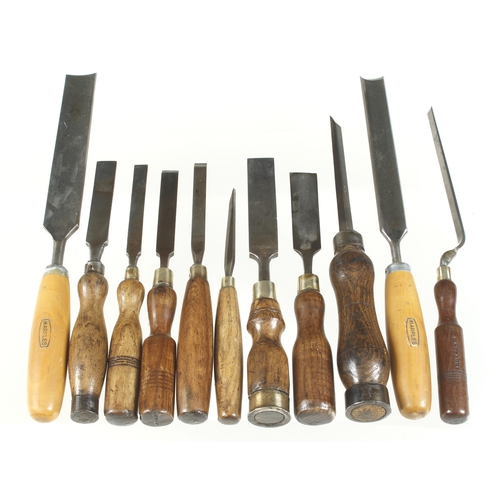 61 - Two long gouges by MARPLES with boxwood handles and 9 other chisels G+