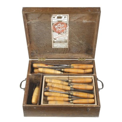 711 - An unusually large kit of 40 boxwood handled ADDIS carving tools in the oak box in which they were o... 