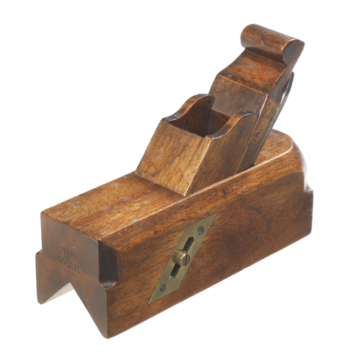 724 - A quality, polished ash sliding box type chamfer plane with brass fitting and scrolled wedge F