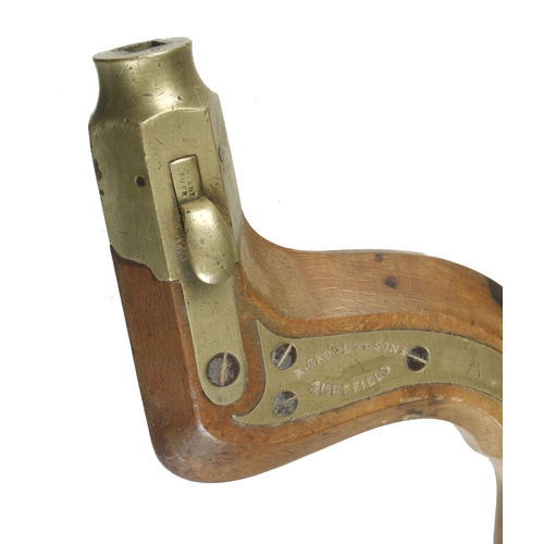 910 - A brass plated beech brace by R. GROVES Sheffield with unusual lever pad marked Patent Lever with eb... 