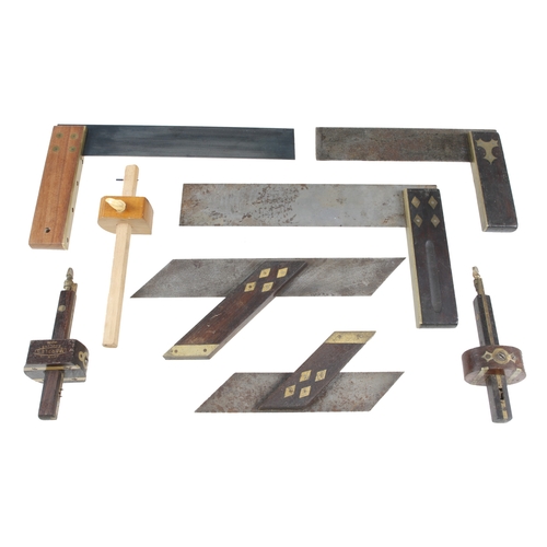 168 - Three rosewood and brass squares, two mitre squares and 3 gauges G+