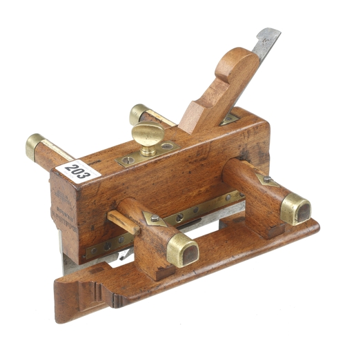 203 - A beech plough by MOSELEY with removeable skate and fence for circular work, decorative brass plates... 