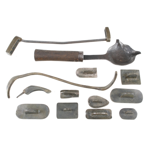 213 - 11 brass sand moulder's tools and a ladle G