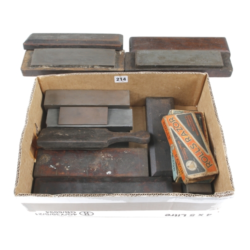 214 - 13 oilstones and two ROLLS razors in orig cases G+