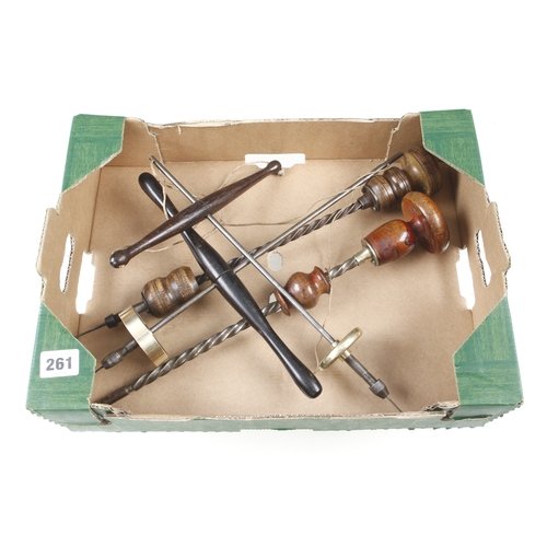 261 - Two pump drills with brass flywheels, ebony or rosewood crossbars and 2 large archimedian drills G+