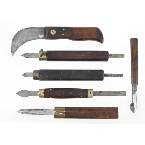 348 - Five rosewood and brass mount cutting knives G+