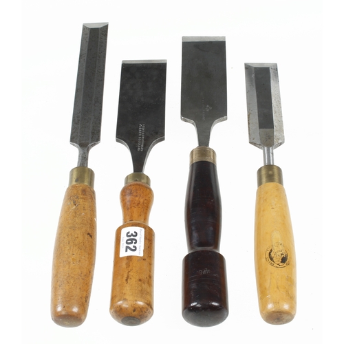 362 - Two bevel edge chisels and two others with boxwood and rosewood handles 1 1/2