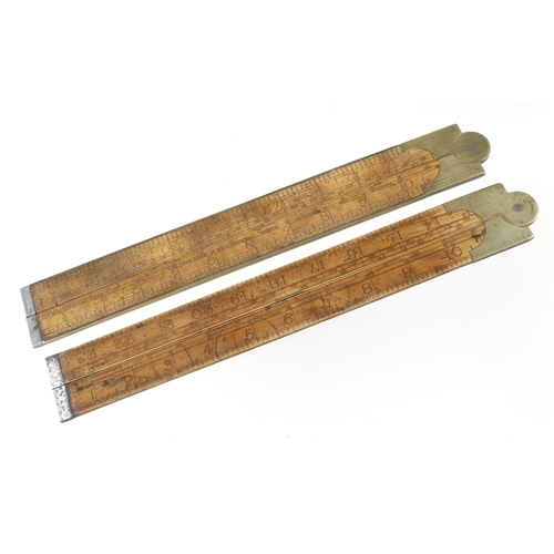 368 - Two 2' two fold brass bound boxwood engineers rules with steel tips and brass slide by T ASTON and I... 