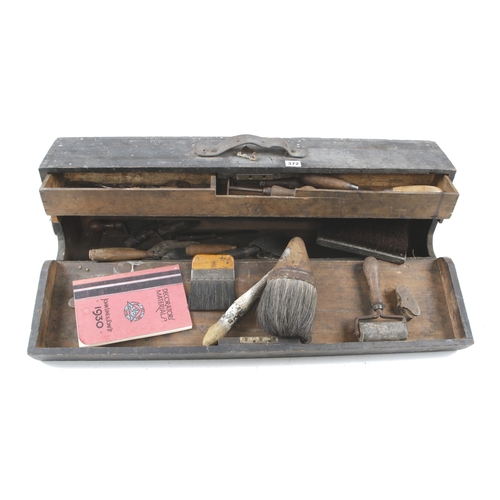 372 - A pine carrying case of assorted painter's and decorator's tools incl. a John Lines & Son catalogue ... 