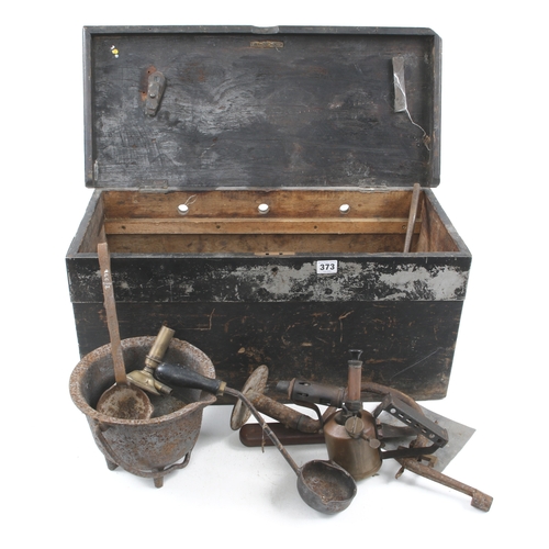 373 - A pine chest of plumbers tools inc. ladles, melting pot, pipe bender etc. G