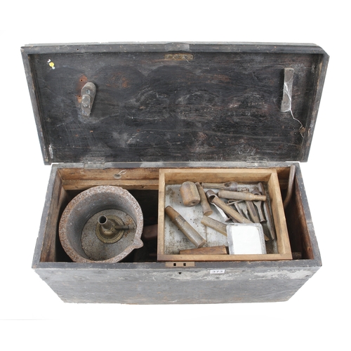 A Pine Chest Of Plumbers Tools Inc Ladles Melting Pot Pipe Bender Etc G