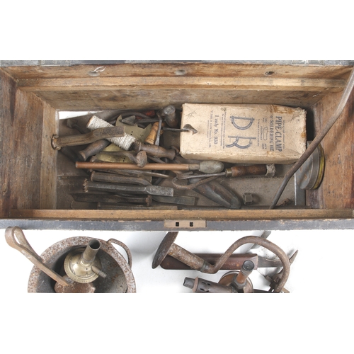 373 - A pine chest of plumbers tools inc. ladles, melting pot, pipe bender etc. G