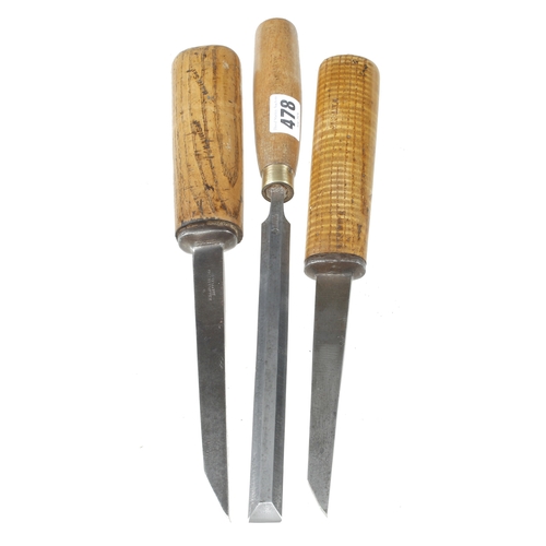 478 - Two mortice chisels by MARPLES and a bevel edge chisel by I SORBY G+