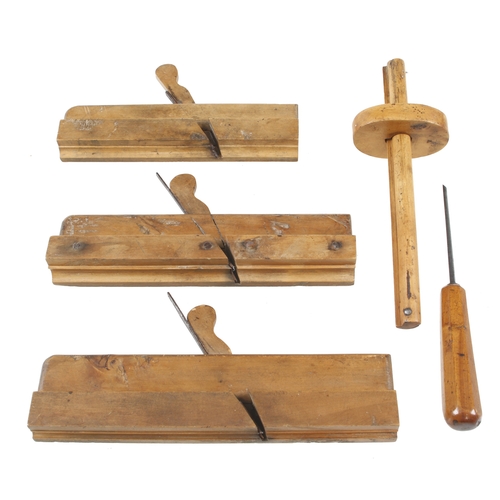 479 - Three small moulding planes, a carving chisel and an unusual marking gauge all in boxwood G+