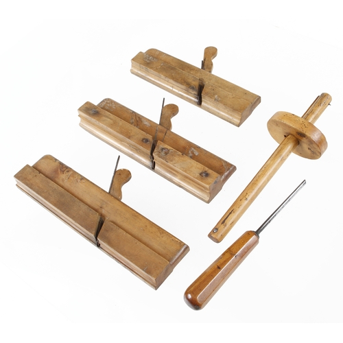 479 - Three small moulding planes, a carving chisel and an unusual marking gauge all in boxwood G+