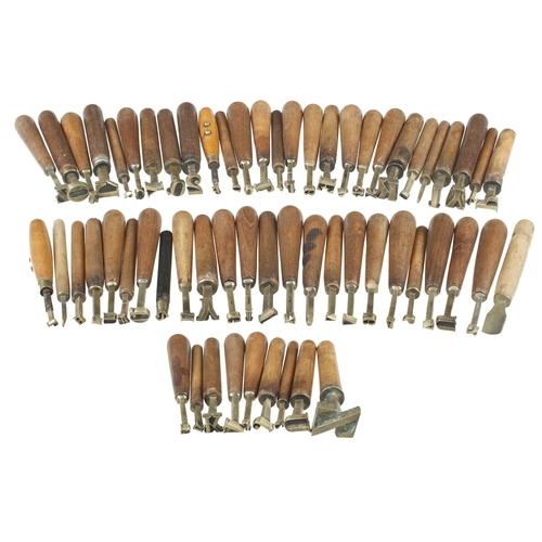 758 - A comprehensive kit of 60 brass letter and number stamps for leather work and book binding G+