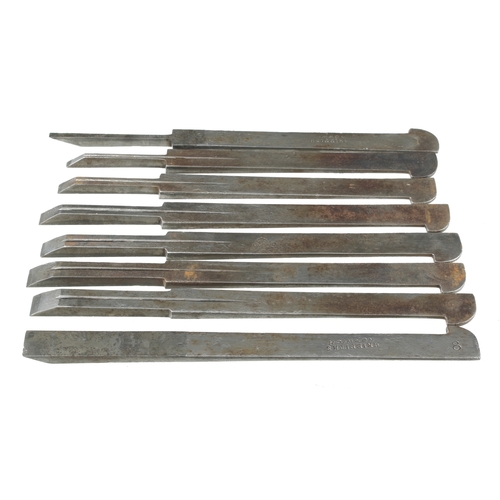 924 - A set of 8 plough irons by GRIFFTHS Norwich Nos 1 to 8 G+