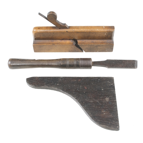 294 - Three 18c tools; IOHN ROGERS moulding plane a chisel by J. MITCHELL and an oak square G+