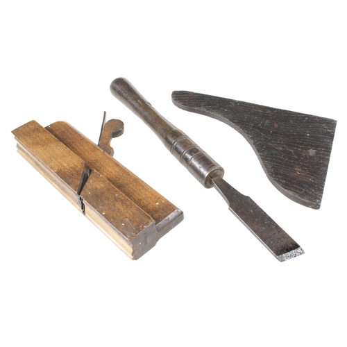 294 - Three 18c tools; IOHN ROGERS moulding plane a chisel by J. MITCHELL and an oak square G+