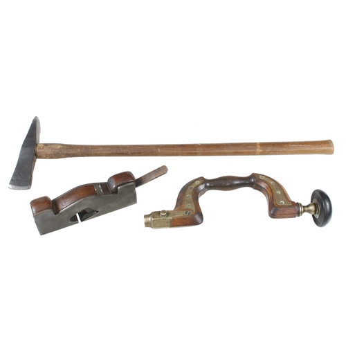 501 - A plated brace by MARPLES, an iron shoulder plane and an unusual axe G