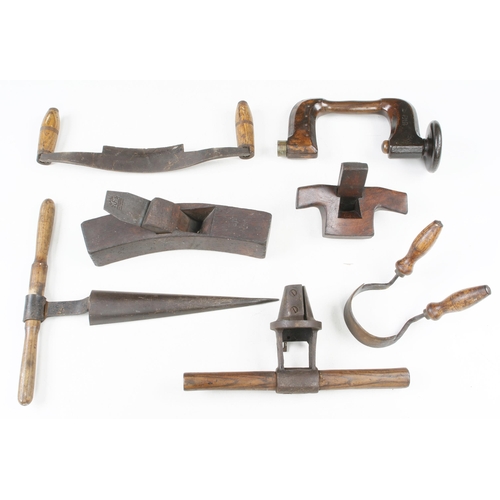 105 - Seven cooper's tools incl. sun plane, brace etc G+