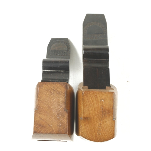 107 - A pair of craftsman made beech compass planes with flat and round soles and ebony wedges G++