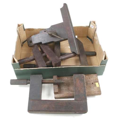 72 - Three wood clamps and a saw vice G