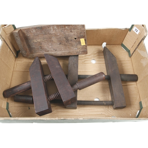 72 - Three wood clamps and a saw vice G