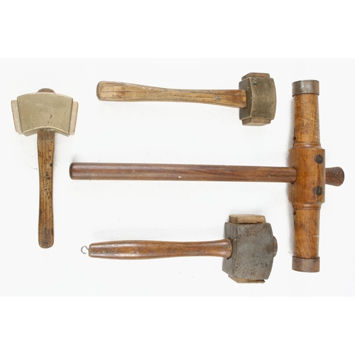 1141 - Two brass headed and one steel headed mallets with wood inserts and a caulking mallet G+