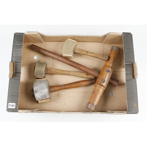 1141 - Two brass headed and one steel headed mallets with wood inserts and a caulking mallet G+