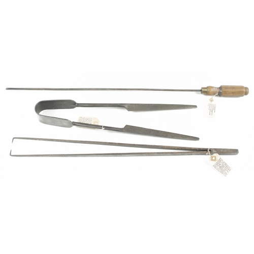 1195 - A pair of glass blower's shears, caliper and a long screwdriver G+