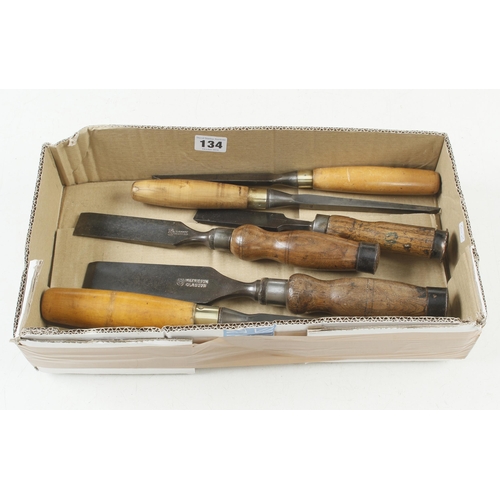 134 - Three boxwood handled mortice chisels and 3 firmer chisels G+