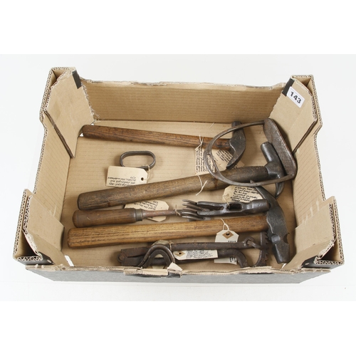 143 - Three farrier's hammers and 5 other tools G