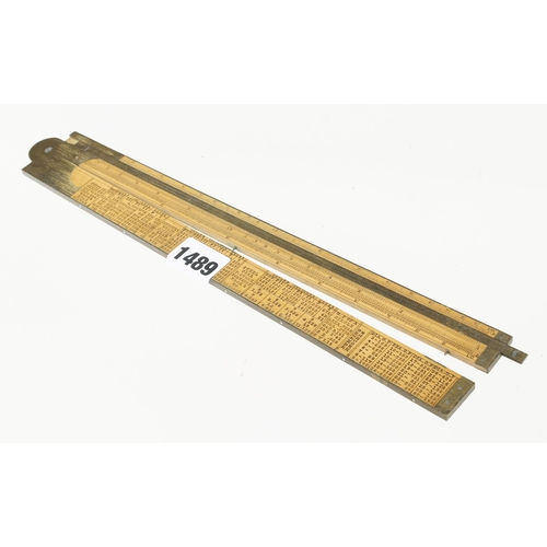 1489 - A 2' two fold brass bound engineer's slide rule by RABONE No 1511 with T. Wilkinson Improved Rule, s... 