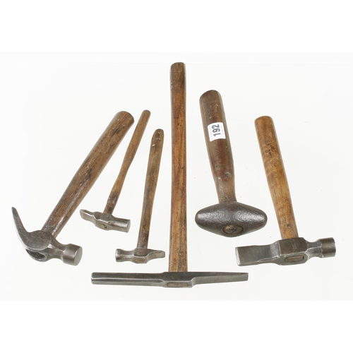 192 - Six hammers incl. plumber's, heel, farrier's etc G