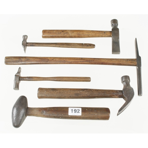 192 - Six hammers incl. plumber's, heel, farrier's etc G