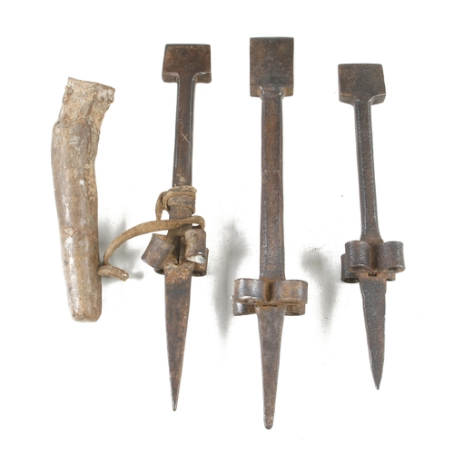 454 - Three French scythe stake anvils G+