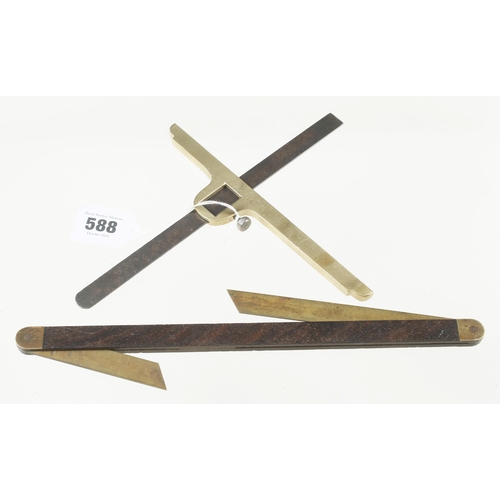 588 - An adjustable brass and steel square by SMALLWOOD and a rosewood and brass bevel G+