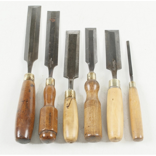 62 - Six bevel edge paring chisels G+