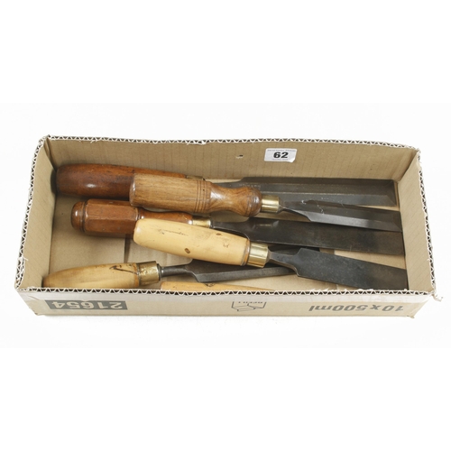 62 - Six bevel edge paring chisels G+