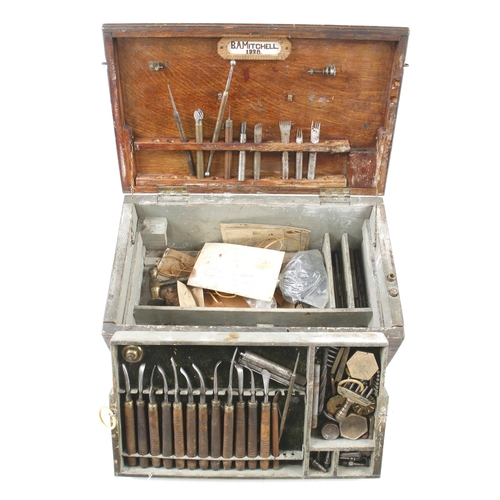 666 - An extensive kit of leather decorating tools contained in a small pine chest with lift out tray 15