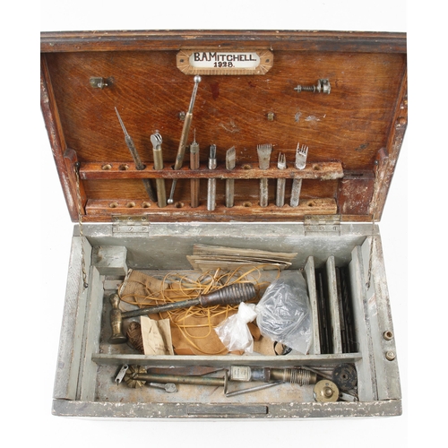 666 - An extensive kit of leather decorating tools contained in a small pine chest with lift out tray 15