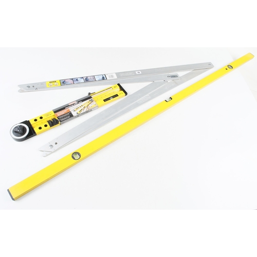 76 - A 6' level by STABILA, a protractor level and a STANLEY folding square G+