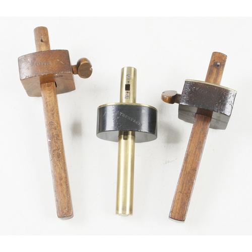 770 - Two beech marking gauges by MATHIESON and an unnamed ebony and brass mortice gauge G+