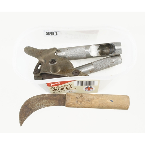 861 - An unusual leather cutter, knife and two punches G