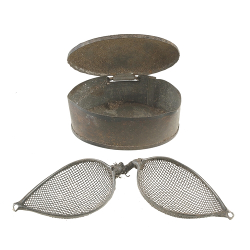 926 - A rare pair of tiny gauze goggles for use in the pit saw pit in orig tin box G+