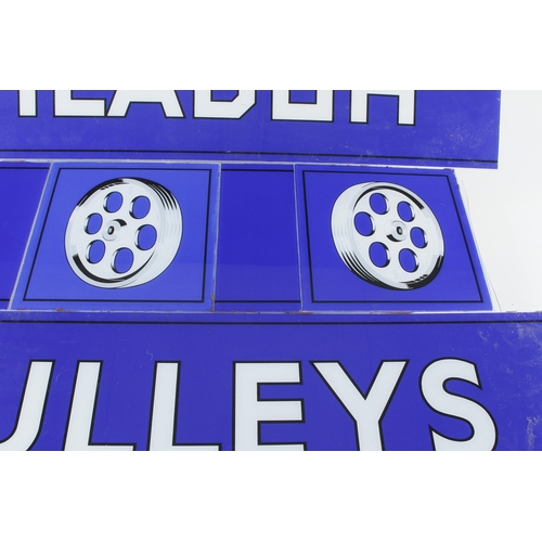 575 - A blue glass sign for PICADOR PULLEYS Approx 40