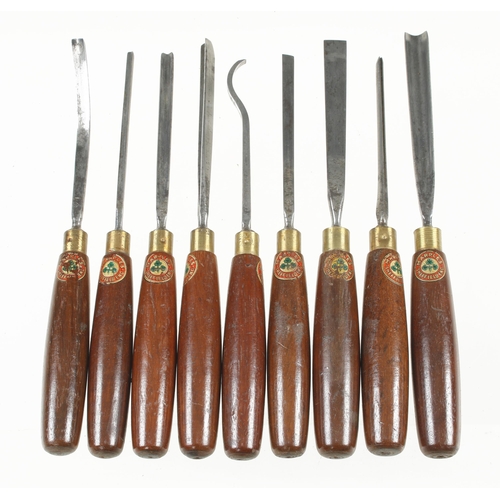 822 - A set of 9 small, little used carving tools by MARPLES with orig decal on hardwood handles F